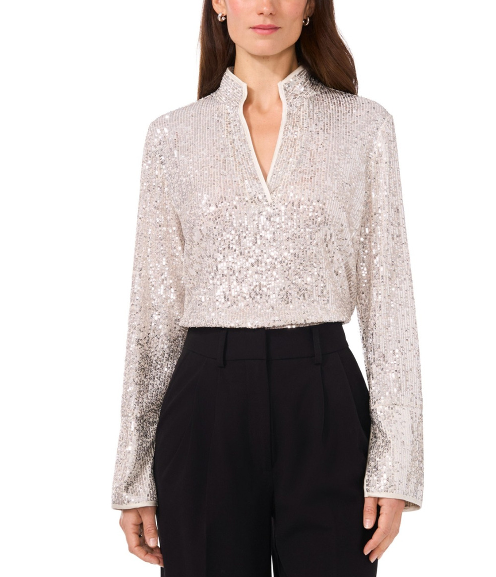 Vince Camuto Women Sequined Split Neck Tunic Blouse Silver Size M